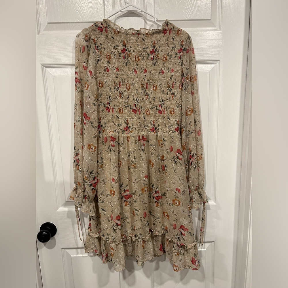 Chic Soul Beige Floral Long Sleeve Smocked Dress - Picture 3 of 5
